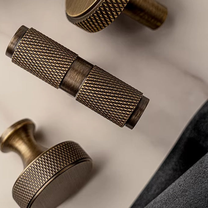 Knurled solid brass round and T-bar cabinet knobs in antique brass