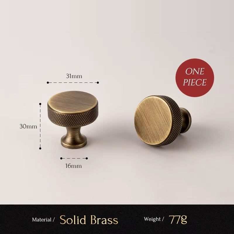 Knurled solid brass round cabinet knob size diagram, 31mm wide