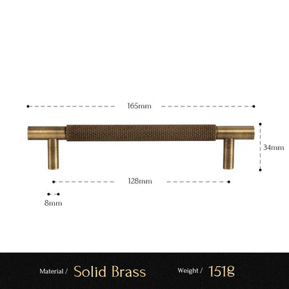 Knurled solid brass cabinet pull size diagram, 128mm hole spacing