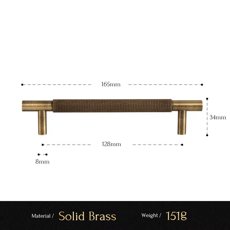 Knurled solid brass cabinet pull size diagram, 128mm hole spacing