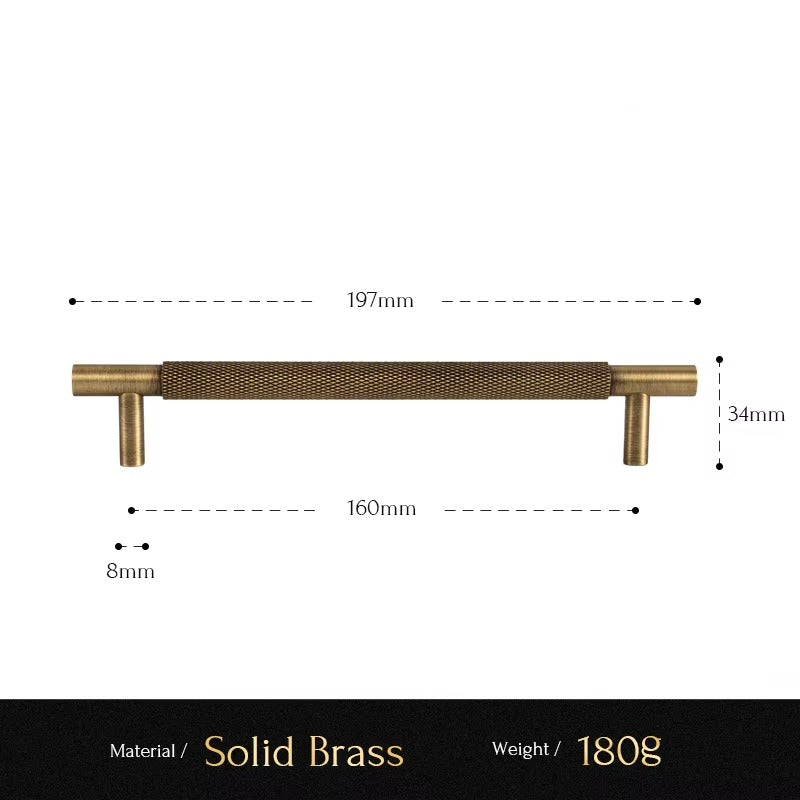 Knurled solid brass cabinet pull size diagram, 160mm hole spacing