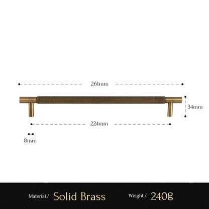 Knurled solid brass cabinet pull size diagram, 224mm hole spacing
