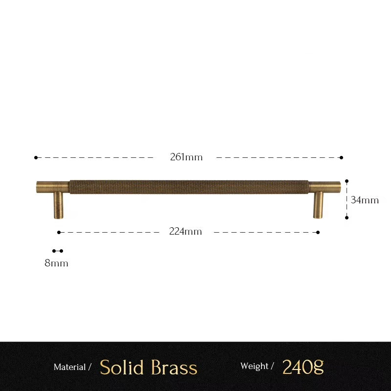 Knurled solid brass cabinet pull size diagram, 224mm hole spacing