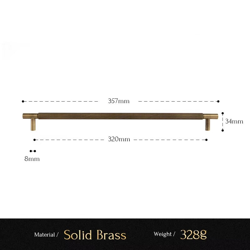 Knurled solid brass cabinet pull size diagram, 320mm hole spacing