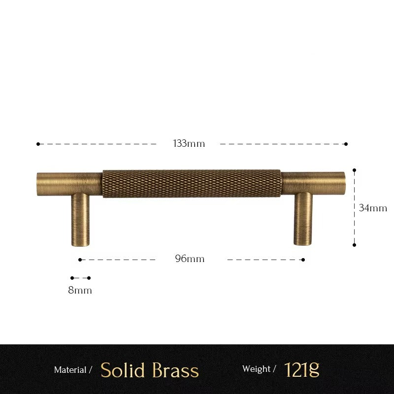 Knurled solid brass cabinet pull size diagram, 96mm hole spacing