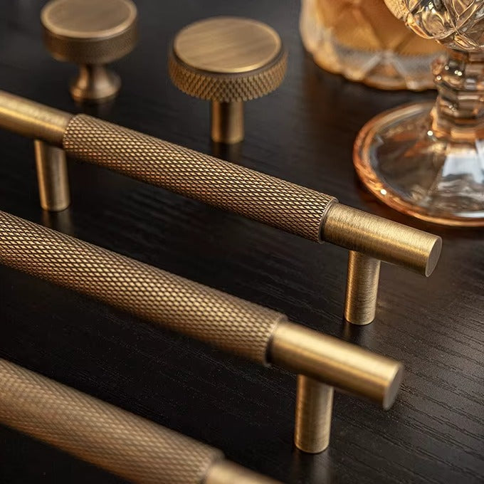 Knurled solid brass cabinet pull in antique brass