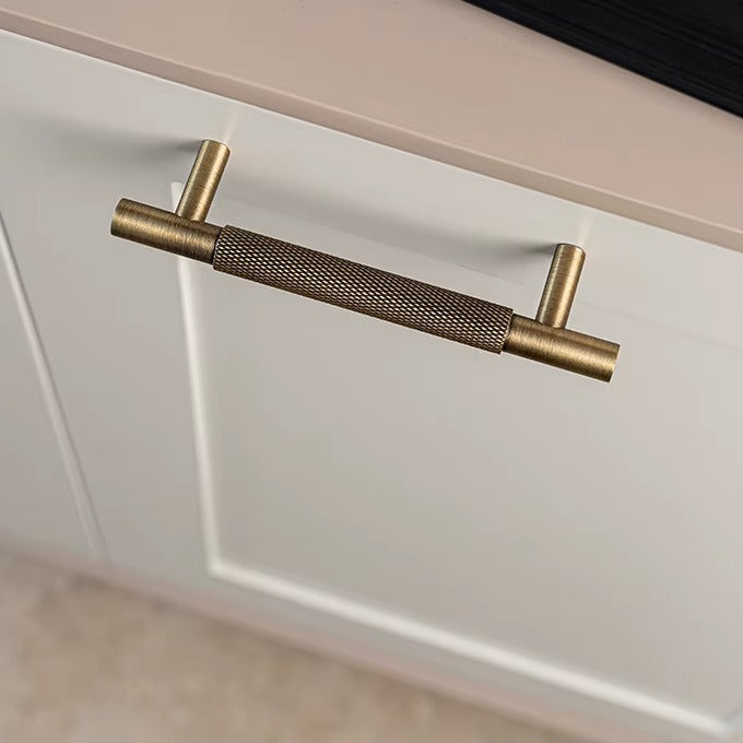 Knurled solid brass cabinet pull in antique brass