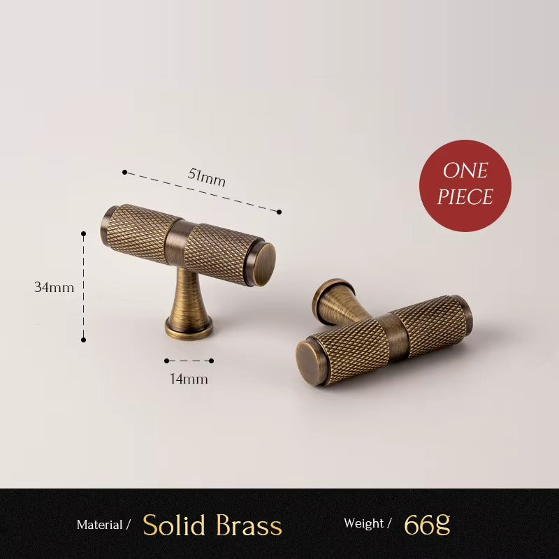 Knurled solid brass T-bar cabinet knob size diagram, 51mm long
