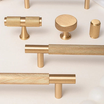 Knurled solid brass cabinet knobs and pulls in brushed brass