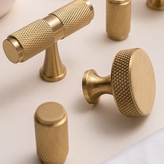 Knurled solid brass round and T-bar cabinet knobs in brushed brass