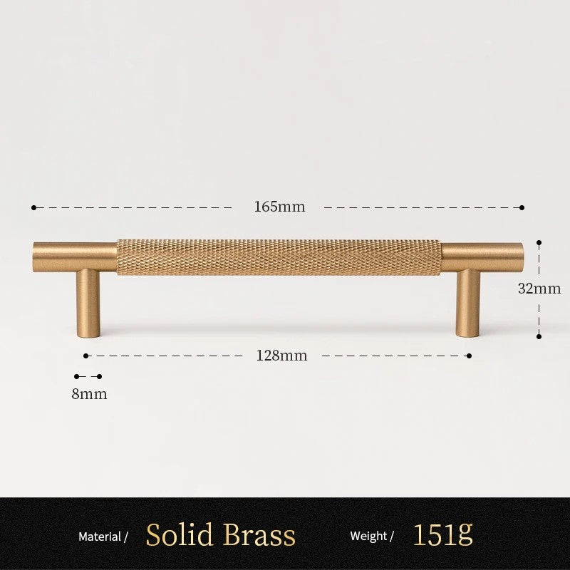 Knurled solid brass cabinet pull size diagram, 128mm hole spacing