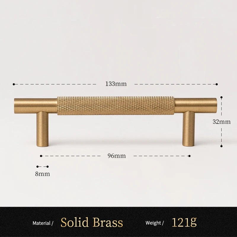 Knurled solid brass cabinet pull size diagram, 96mm hole spacing