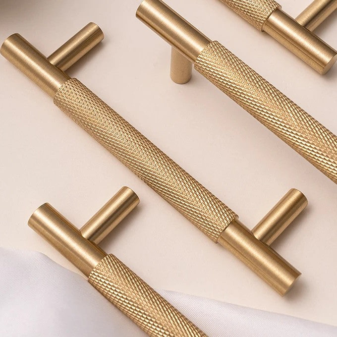 Knurled solid brass cabinet pull in brushed brass