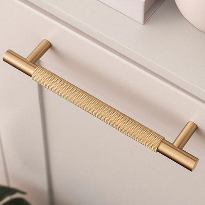 Knurled solid brass cabinet pull in brushed brass