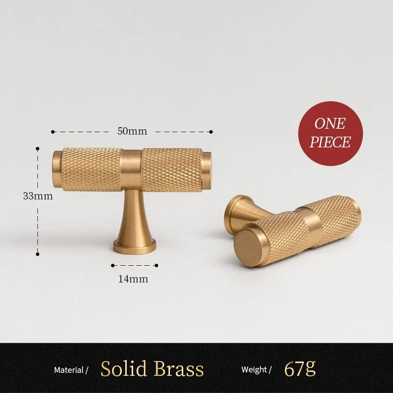 Knurled solid brass T-bar cabinet knob size diagram, 50mm long
