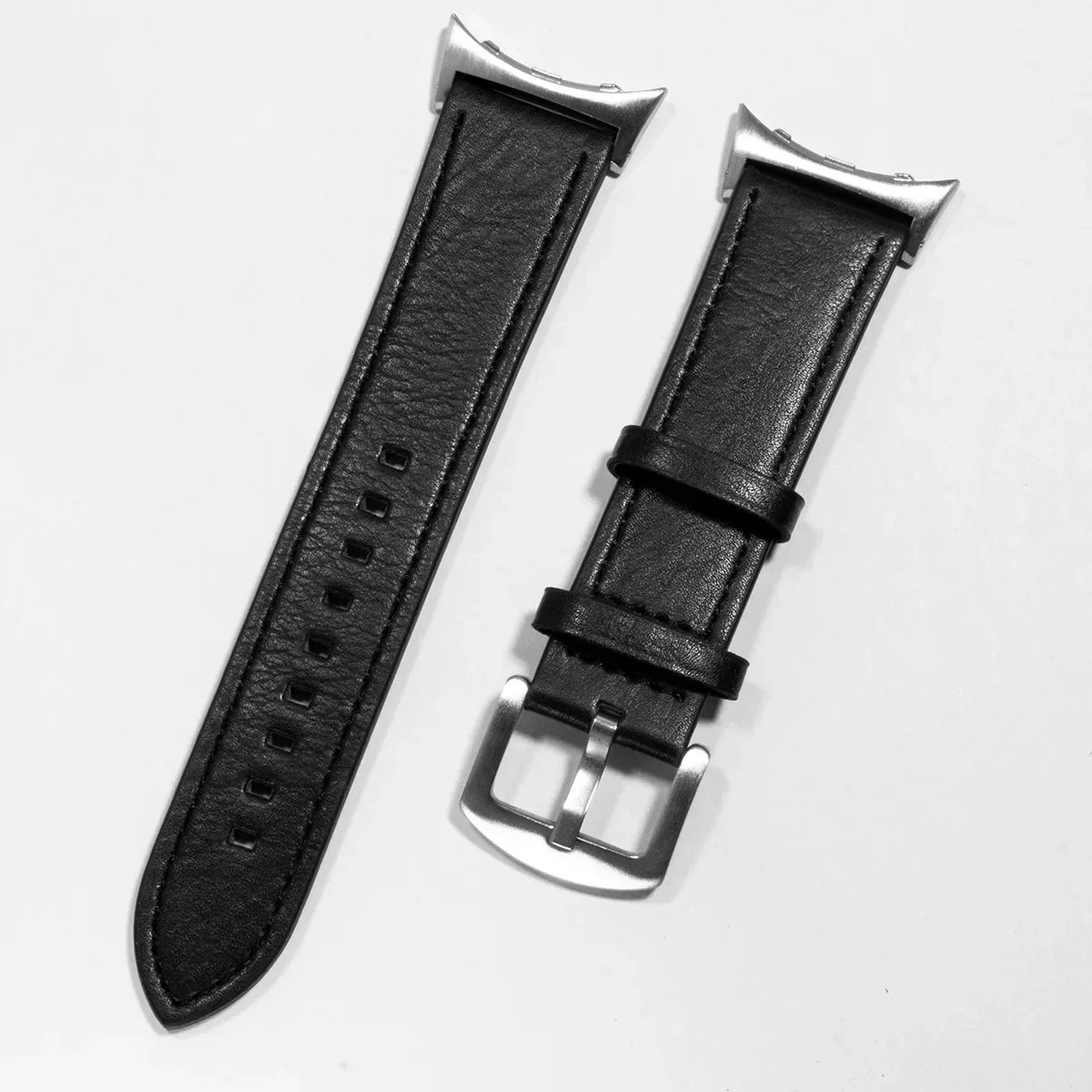 Stitched Leather Google Pixel Watch Band - Metal Buckle in Black - Silver