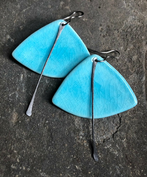 Lightweight Ceramic Boho Statement Dangle Earrings Handmade — blue