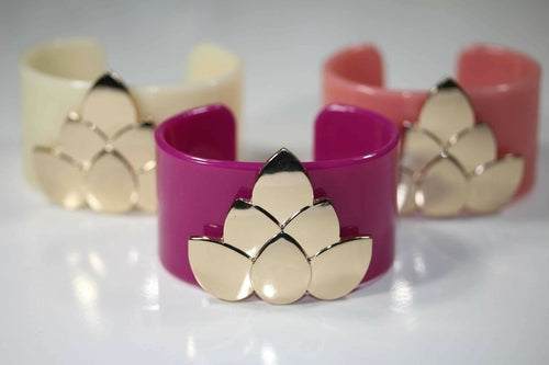 Lotus Flower Cuff Bracelet Wide Resin With Gold Accent