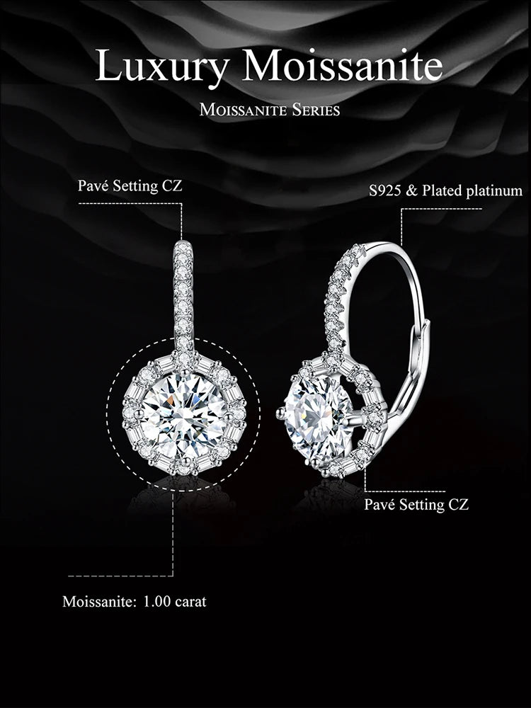 Round Halo Moissanite Leverback Earrings in Silver — Moissanite center and CZ accent guide