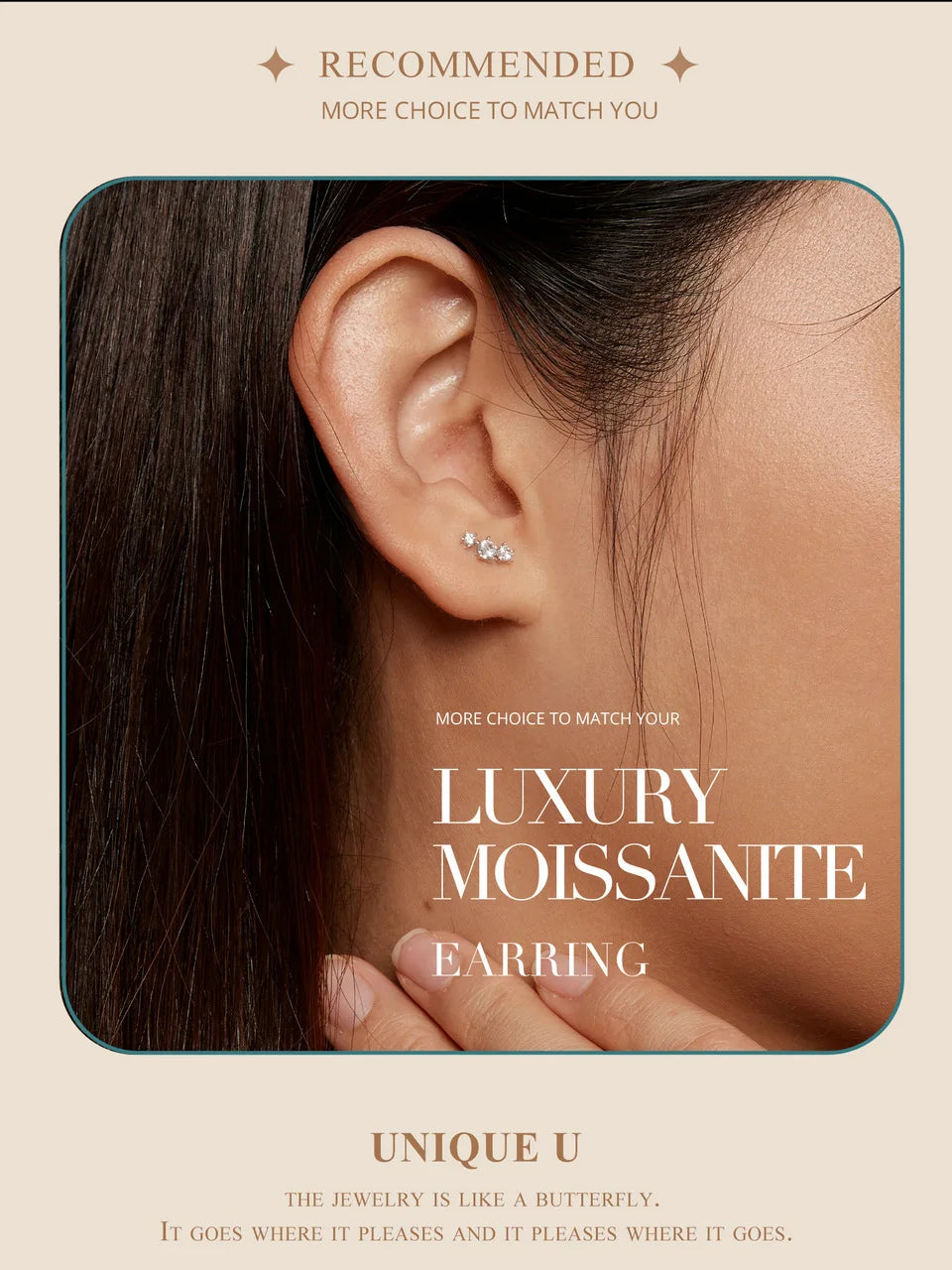 Three-Star Moissanite Screw-Back Stud Earrings - Star stud styling on model