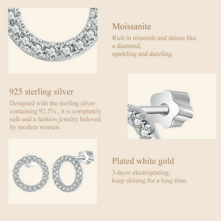 Open Circle Moissanite Stud Earrings in Sterling Silver — Metal and stone information
