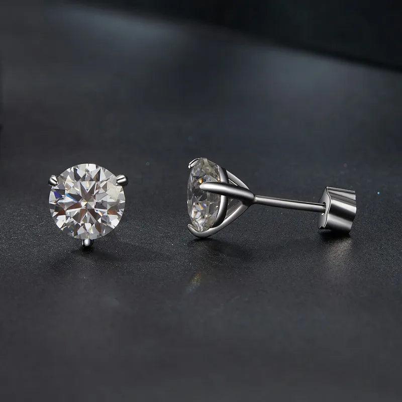 Three-Prong Moissanite Push-Back Stud Earrings in Silver — Cylindrical backs and baskets