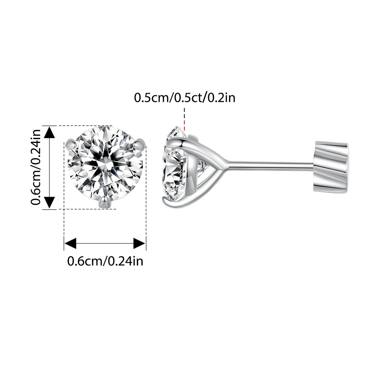 Three-Prong Moissanite Push-Back Stud Earrings in Silver — 0.5ct stone diagram