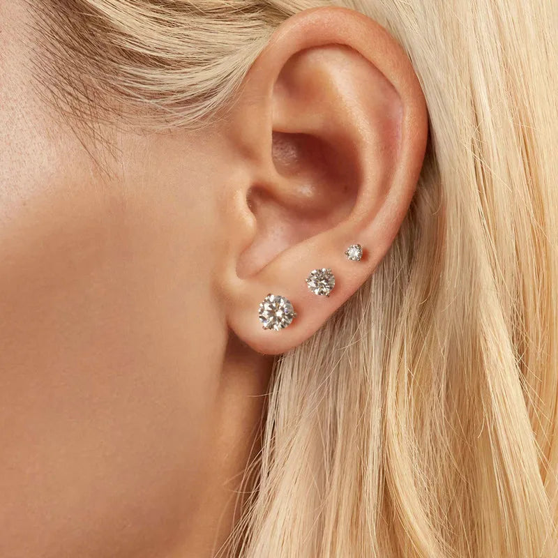 Three-Prong Moissanite Push-Back Stud Earrings in Silver — Stud sizes worn