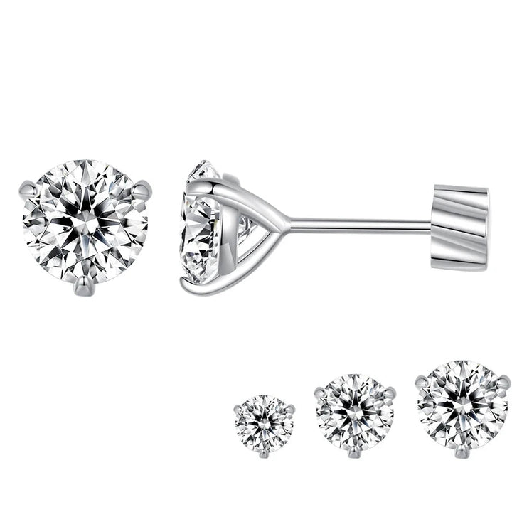 Three-Prong Moissanite Push-Back Stud Earrings in Silver