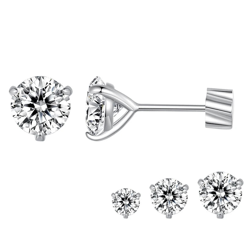 Three-Prong Moissanite Push-Back Stud Earrings in Silver — Stud front and side with size previews