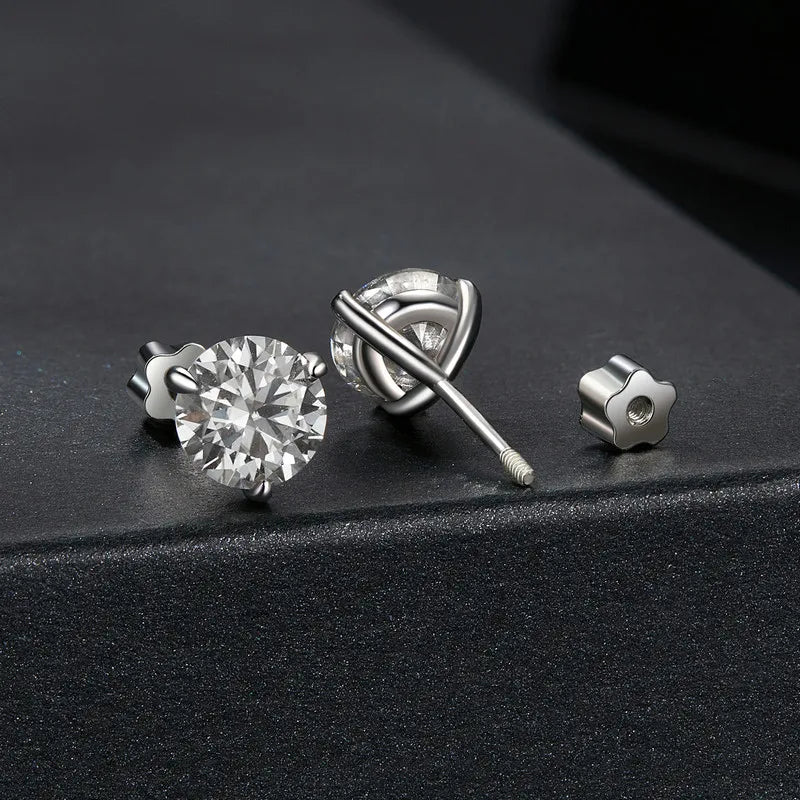 Three-Prong Moissanite Push-Back Stud Earrings in Silver — Straight posts and push backs