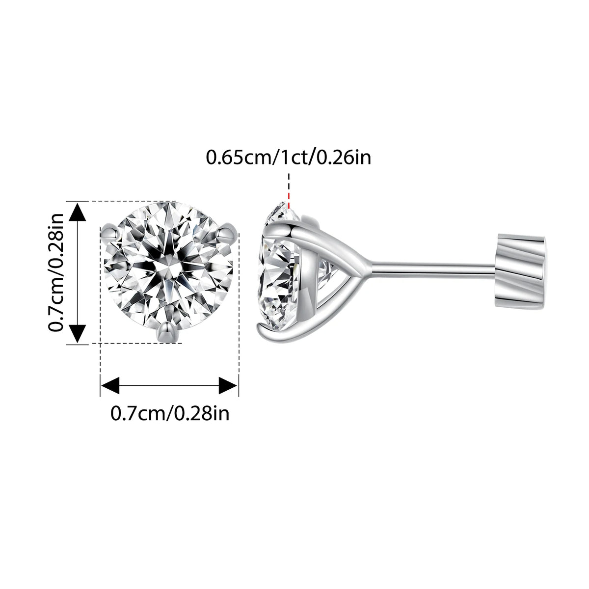 Three-Prong Moissanite Push-Back Stud Earrings in Silver — 1ct stone diagram