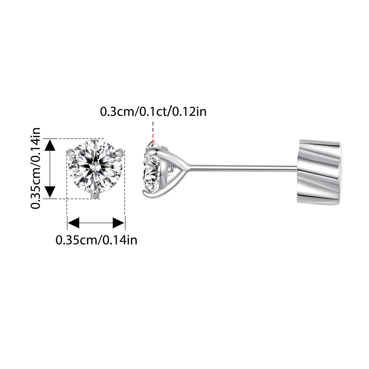 Three-Prong Moissanite Push-Back Stud Earrings in Silver — 0.1ct stone diagram