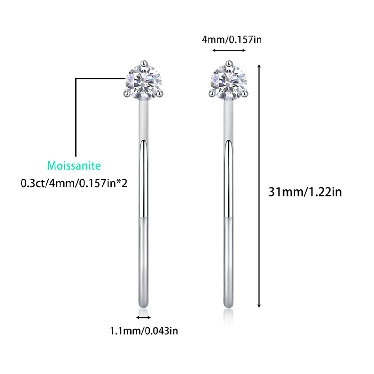 Open Hoop Moissanite Stud Earrings in Sterling Silver — 31mm hoop and 4mm stone dimensions