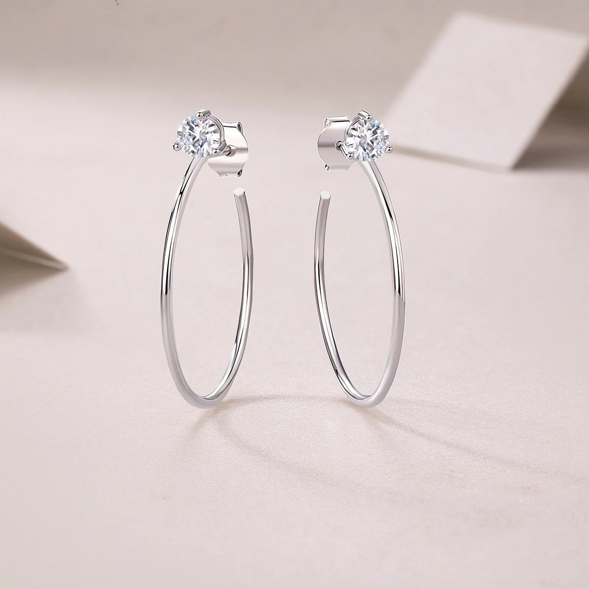 Open Hoop Moissanite Stud Earrings in Sterling Silver — Silver open hoop pair