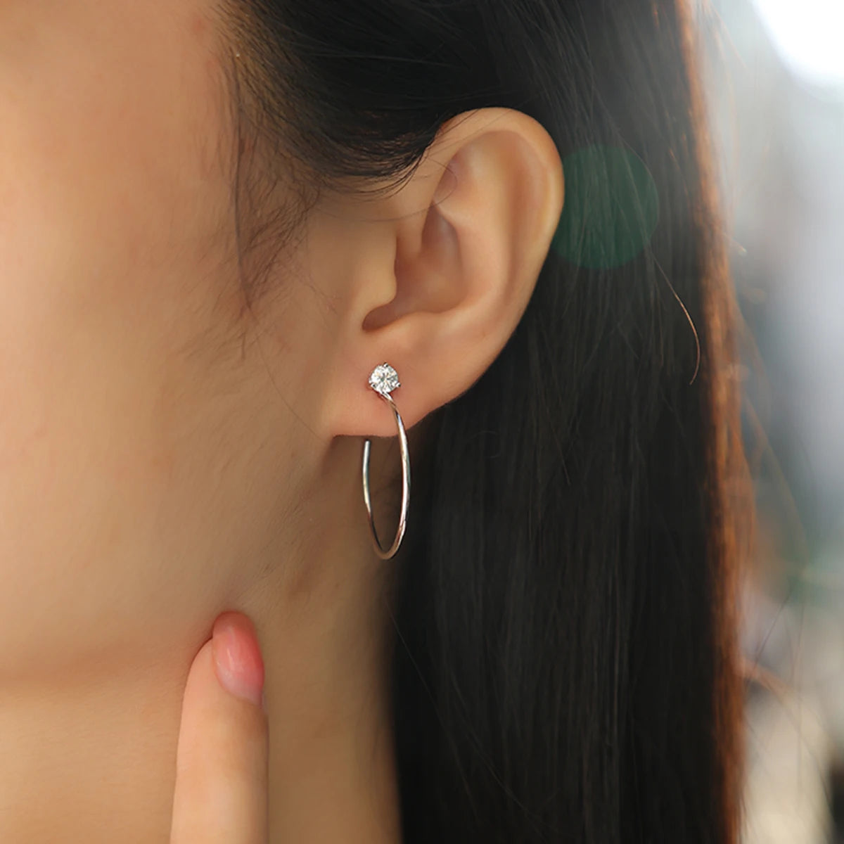 Open Hoop Moissanite Stud Earrings in Sterling Silver — Open hoop worn on the ear