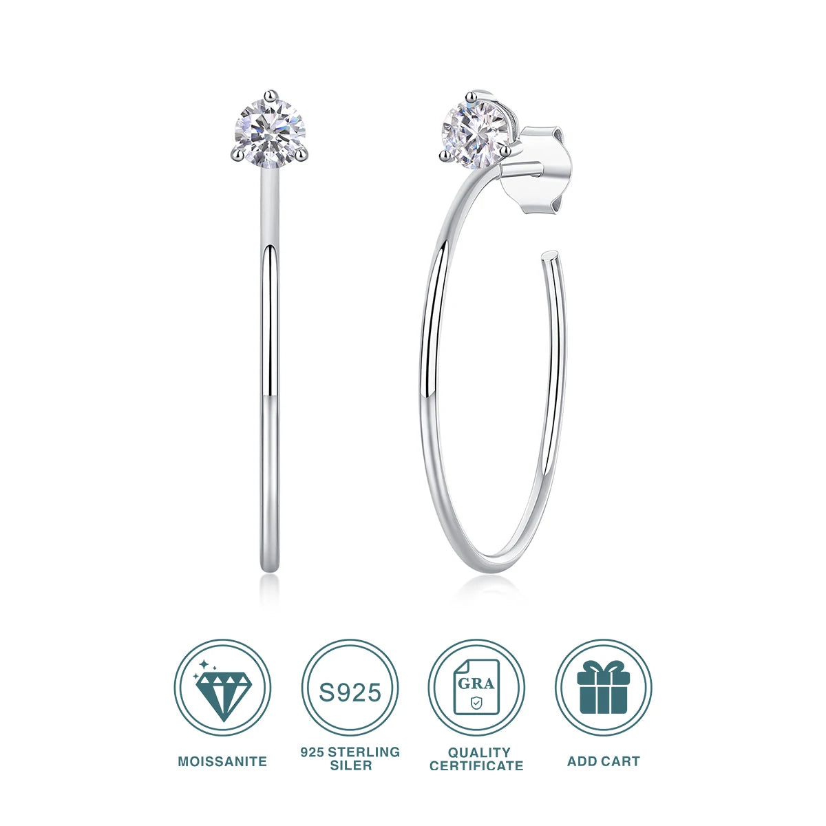 Open Hoop Moissanite Stud Earrings in Sterling Silver — Open hoops and stud backs