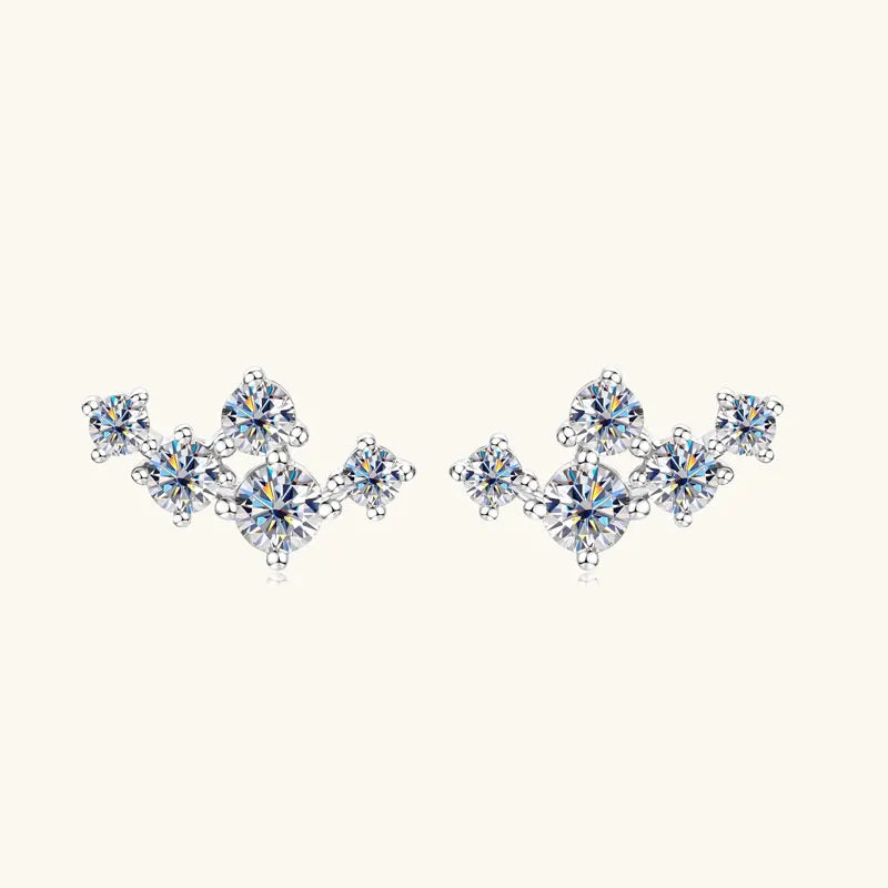 Six-Stone Fan Moissanite Stud Earrings in Sterling Silver - Silver fan pair