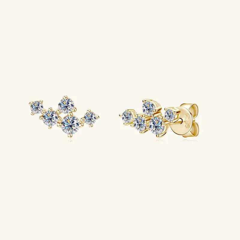 Six-Stone Fan Moissanite Stud Earrings in Sterling Silver - Gold-tone cluster and butterfly back