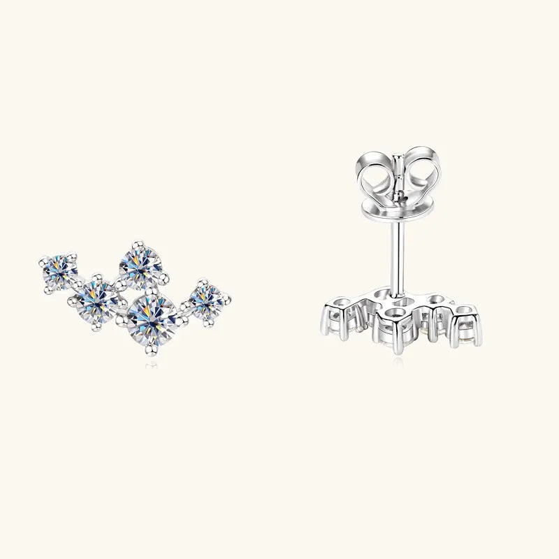Six-Stone Fan Moissanite Stud Earrings in Sterling Silver - Silver front and rear