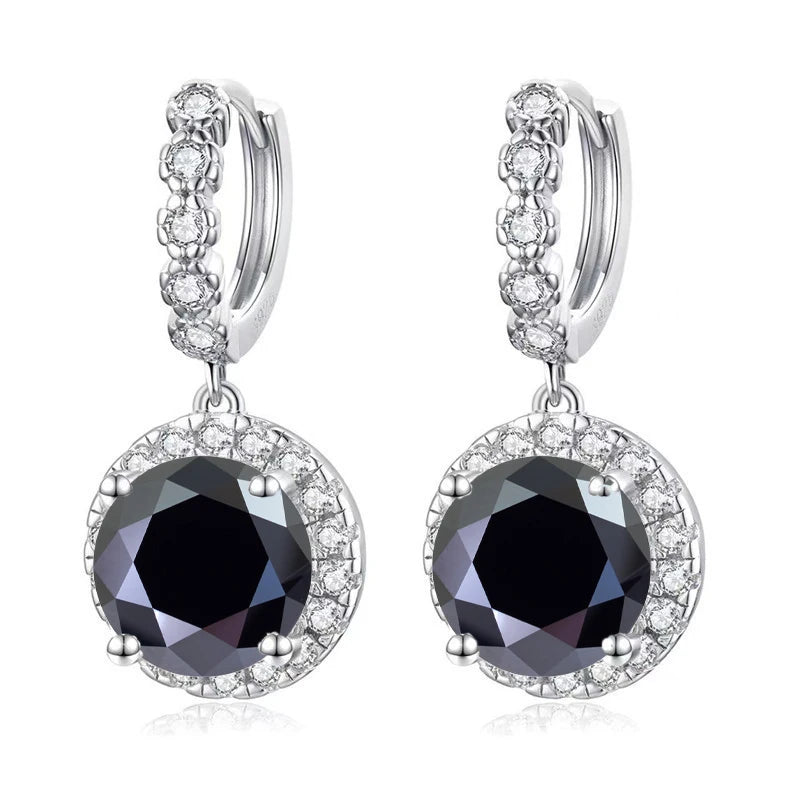 Colored Round Halo Moissanite Hoop Drop Earrings — Black