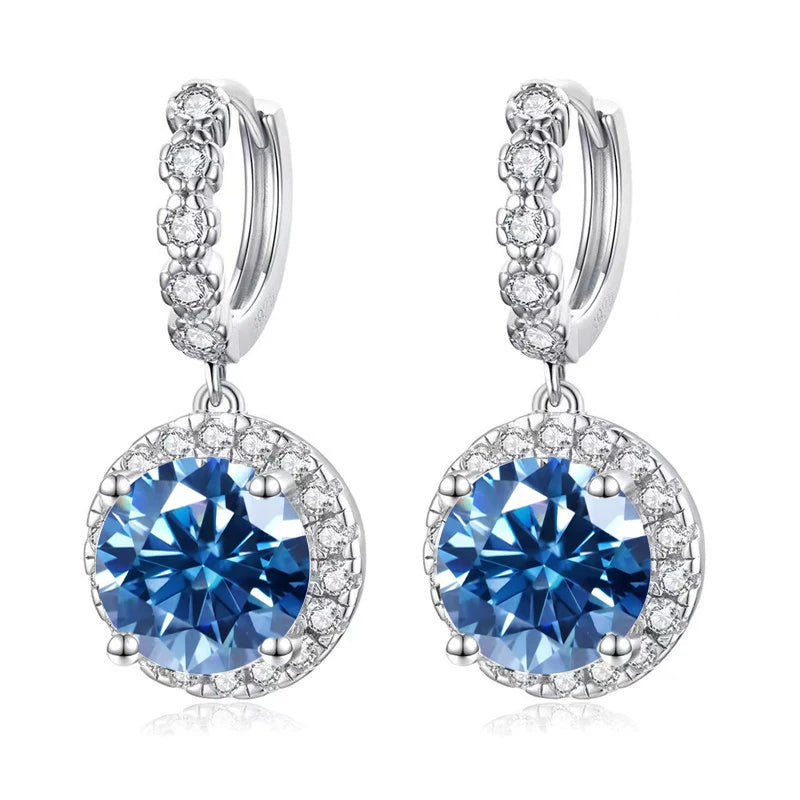 Colored Round Halo Moissanite Hoop Drop Earrings — Royal blue