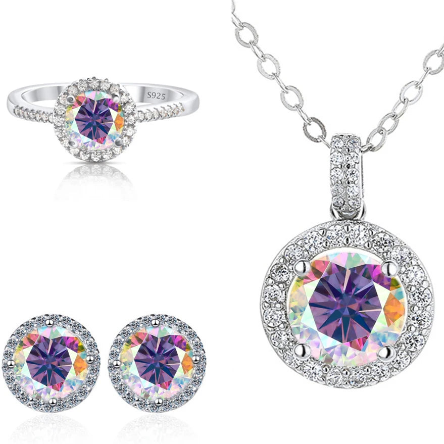 Round Halo Moissanite Necklace, Stud Earrings & Ring Set - Multicolor halo set