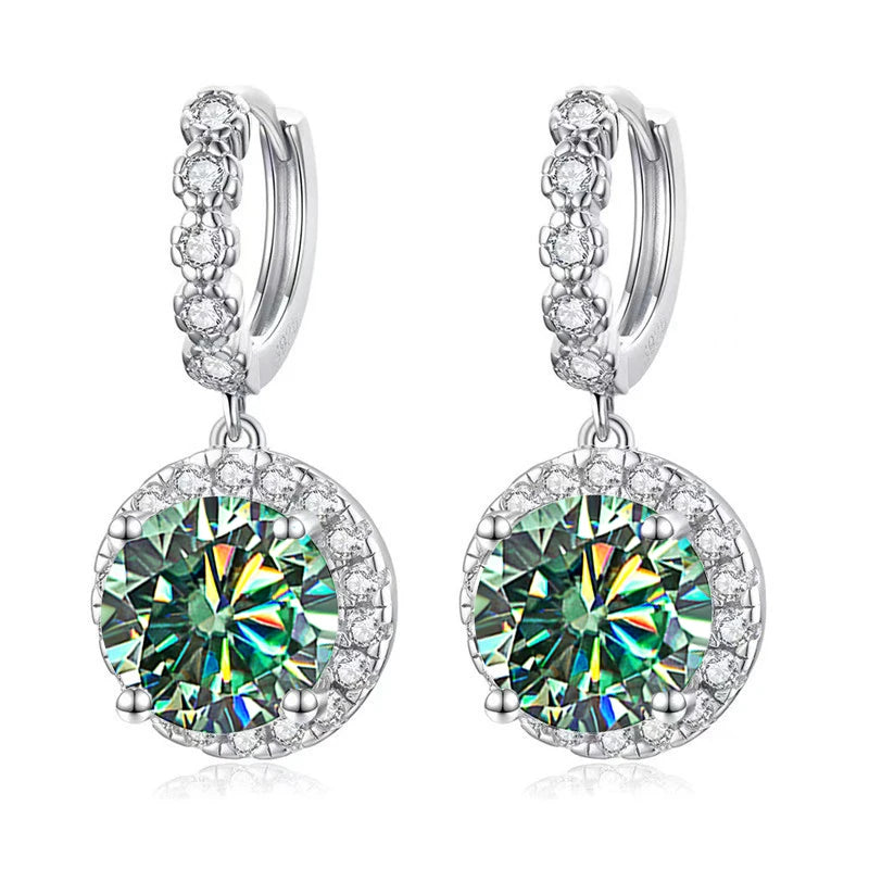 Colored Round Halo Moissanite Hoop Drop Earrings — Blue green