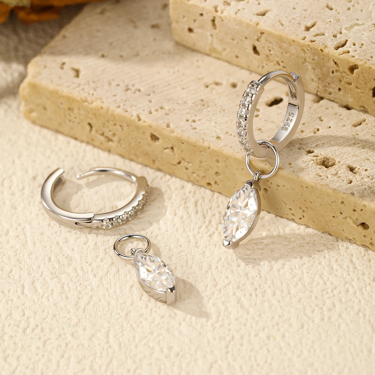 Marquise Moissanite Drop Hoop Earrings in Sterling Silver - Open hinged closure