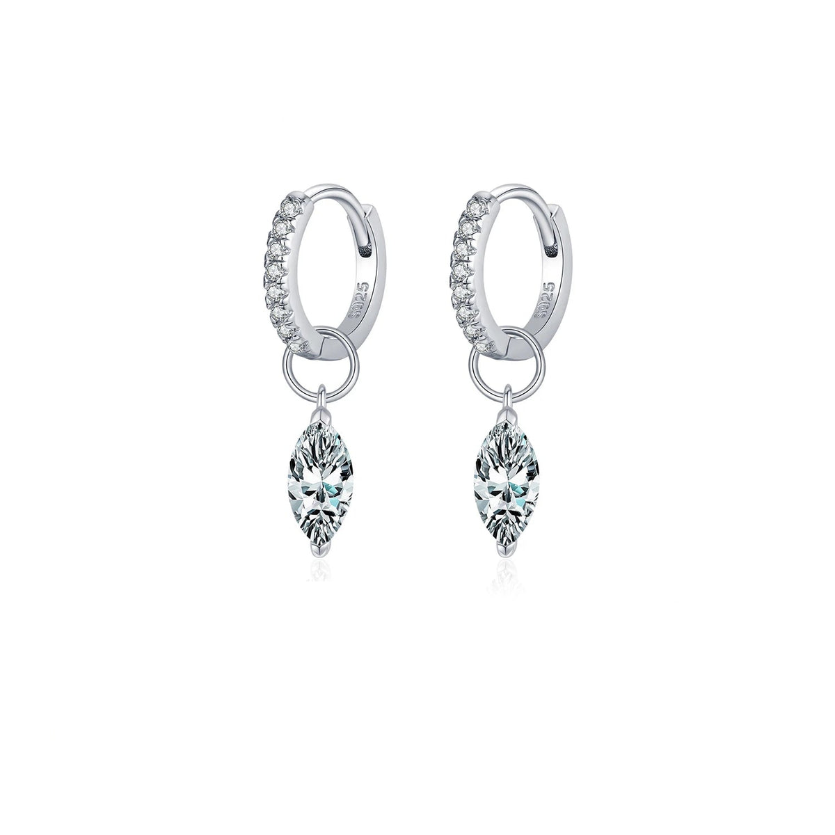 Marquise Moissanite Drop Hoop Earrings in Sterling Silver - Marquise drop hoop pair