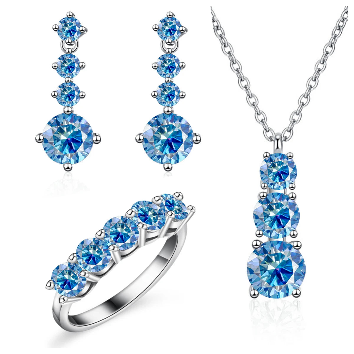 Graduated Moissanite Necklace, Drop Earrings & Ring Set - Royal blue set