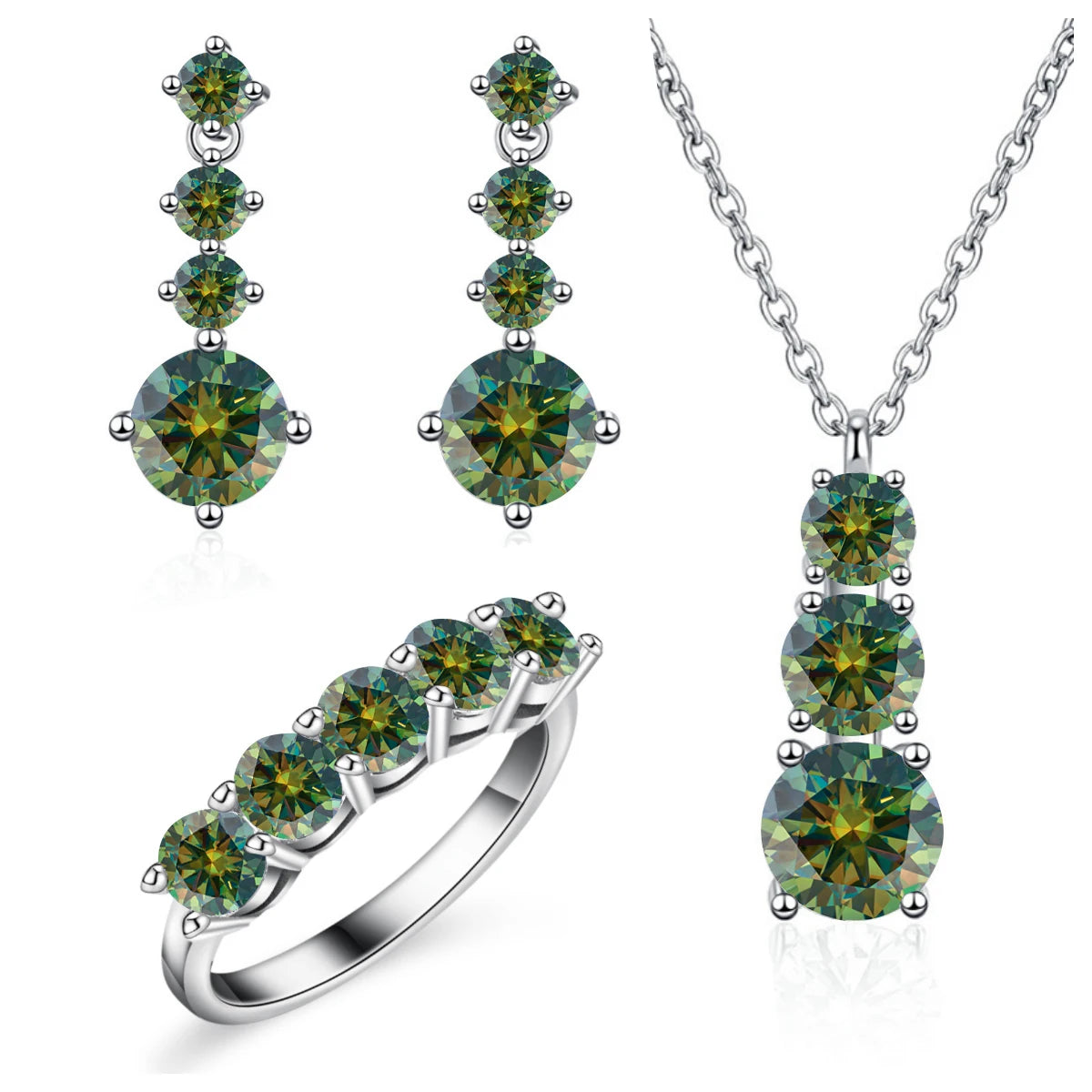 Graduated Moissanite Necklace, Drop Earrings & Ring Set - Dark green set