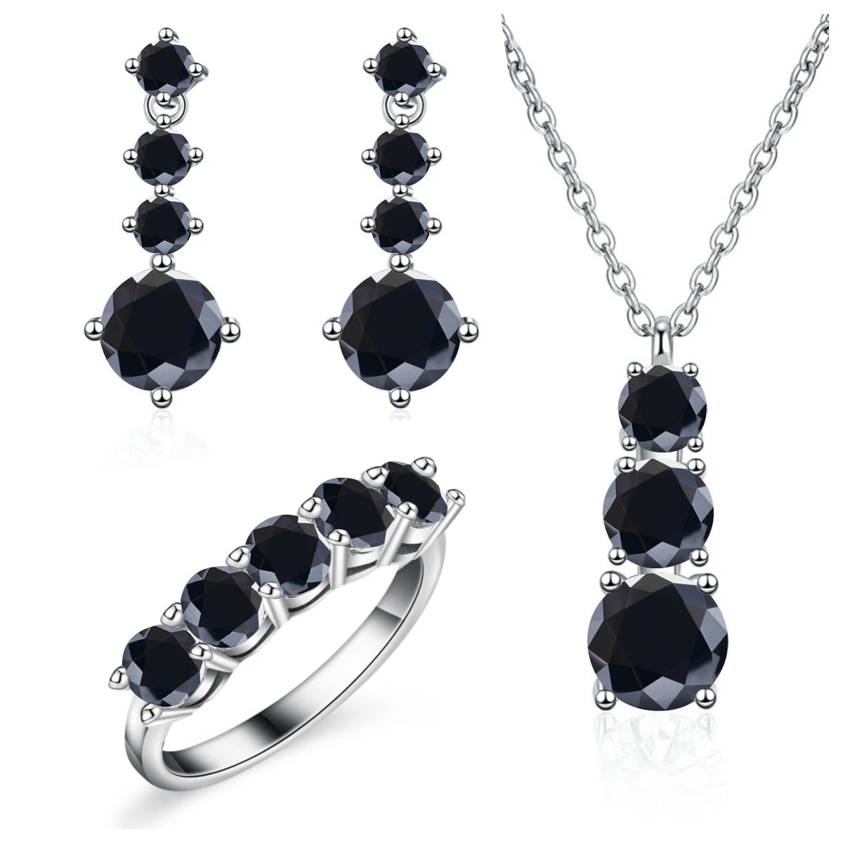 Graduated Moissanite Necklace, Drop Earrings & Ring Set - Black set