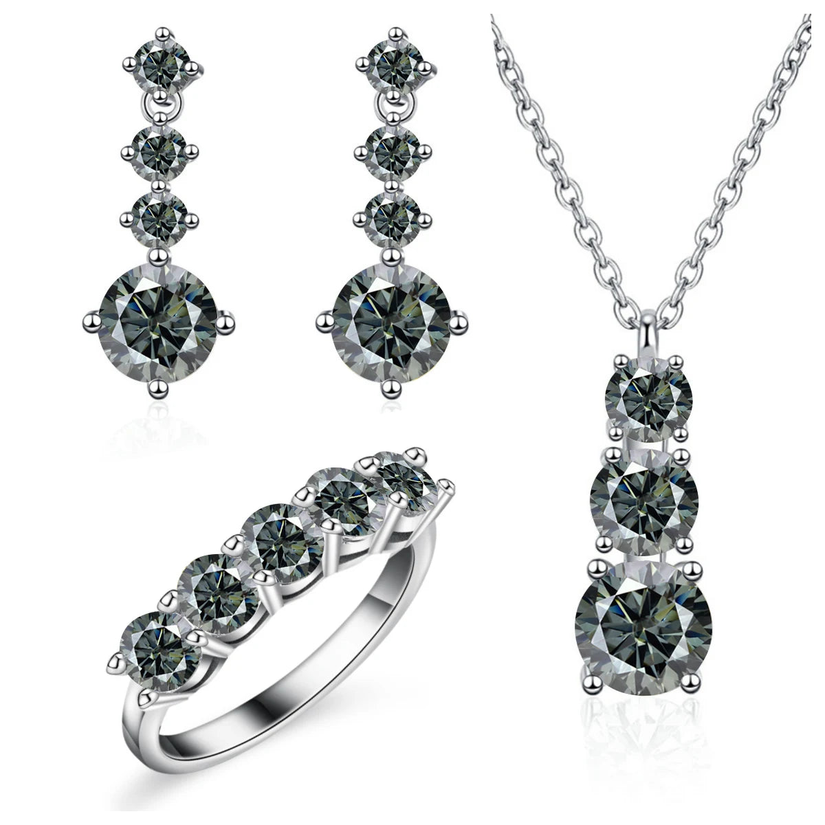 Graduated Moissanite Necklace, Drop Earrings & Ring Set - Gray set